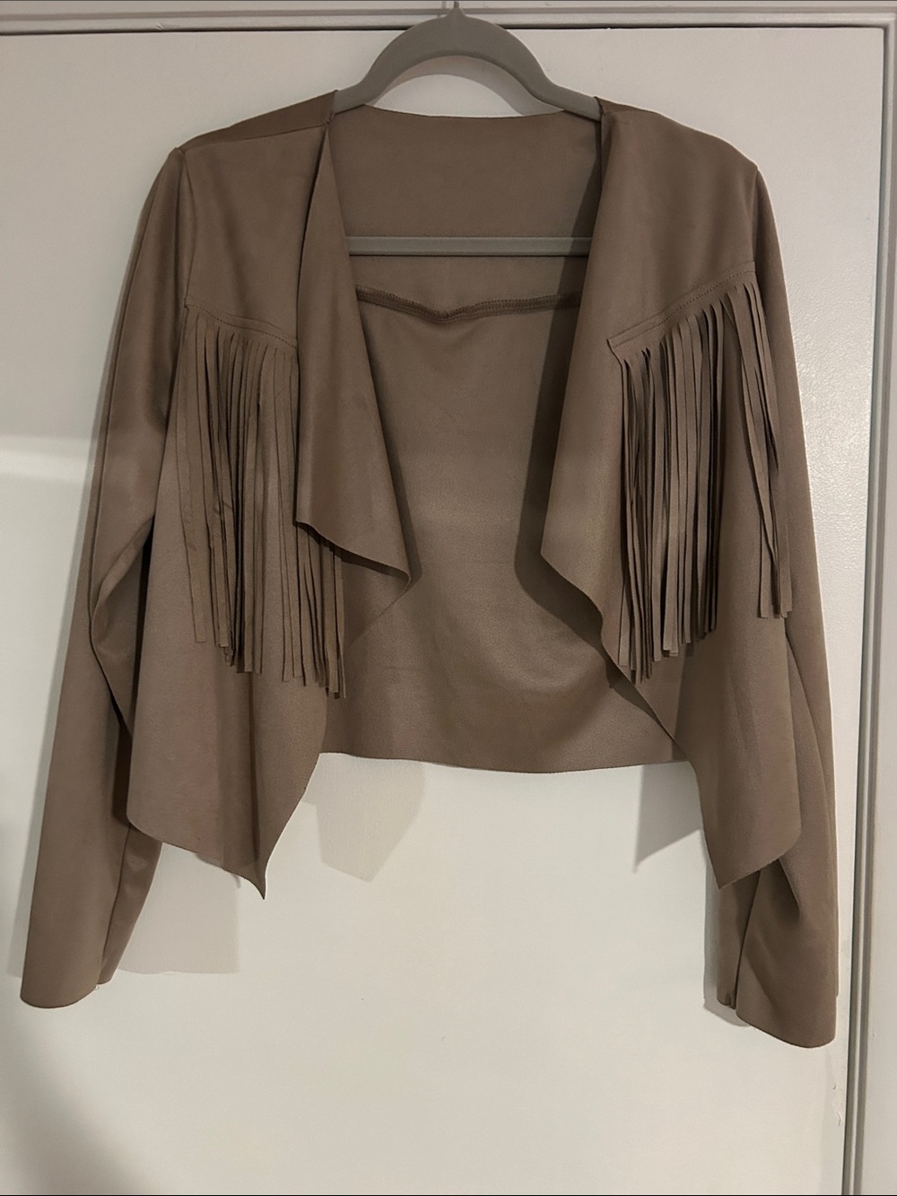 SHEIN Taupe Cropped Fringe Open-Front Jacket